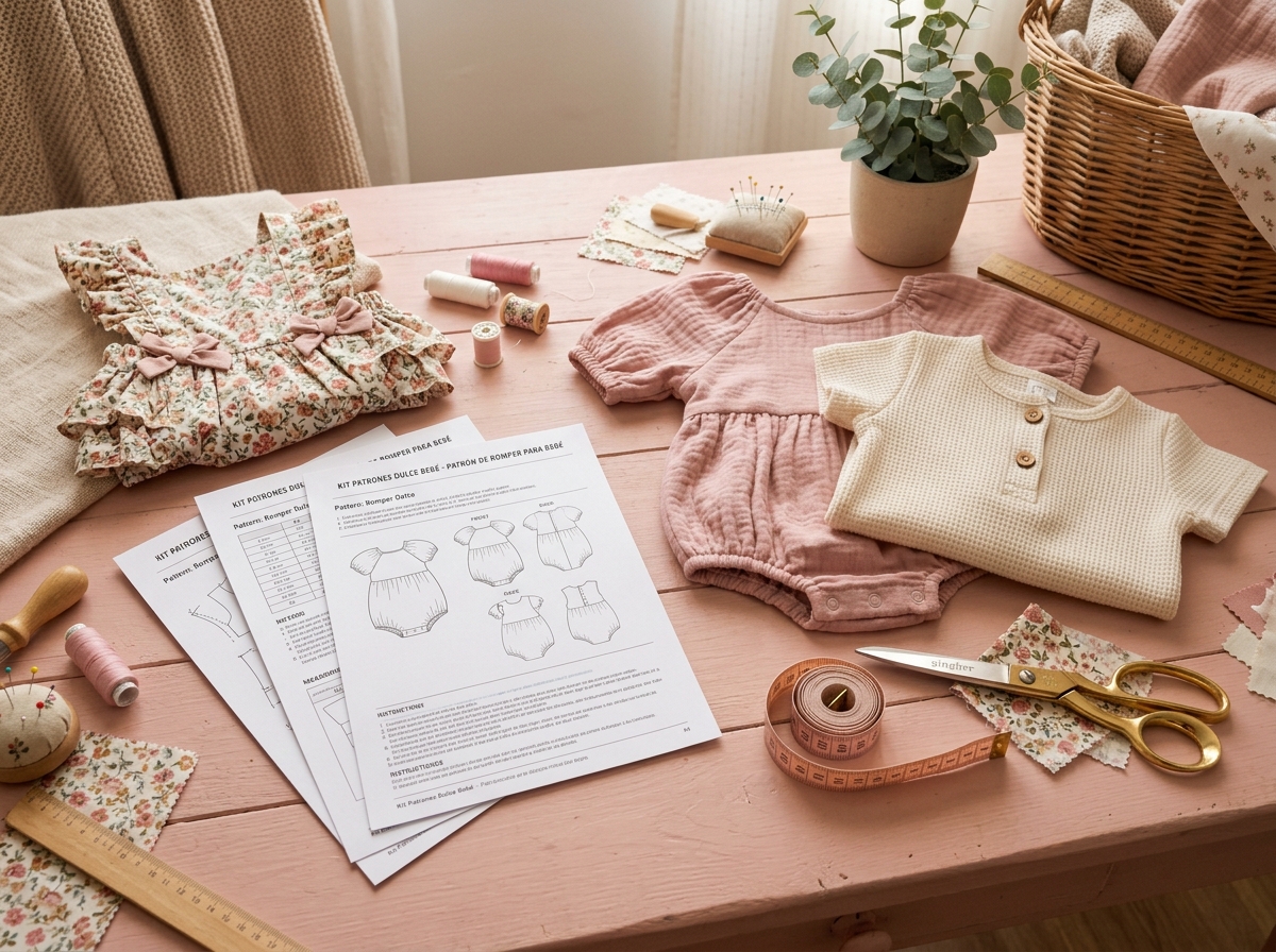 Kit Patrones Dulce Bebé - Mockup Tangible de Moldes y Rompers Terminados